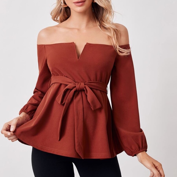 MATERNITY Red Burgundy off shoulder belted blouse - Picture 5 of 10